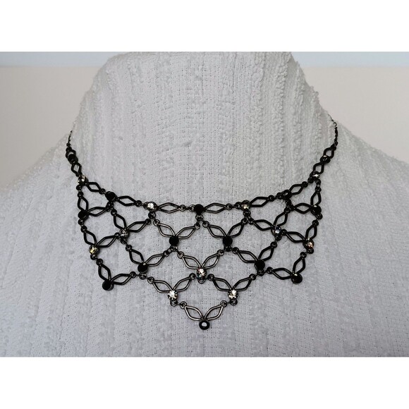1928 Jewelry - 1928 Black & Silver Rhinestone Collar / Bib Necklace 16-19 in NWT